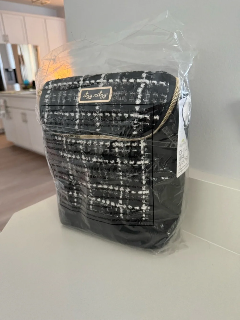 Itzy Ritzy Black & White Tweed Men’s Backpack with Gold Accents